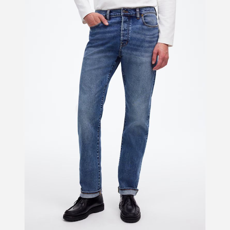 blue mens madewell 1991 straight-leg stretch selvedge jeans