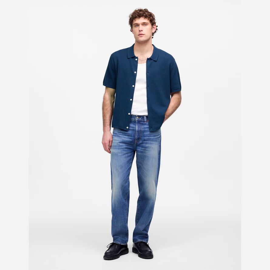 madewell tuck-stitch-button-up-pullover herren polo dark blue