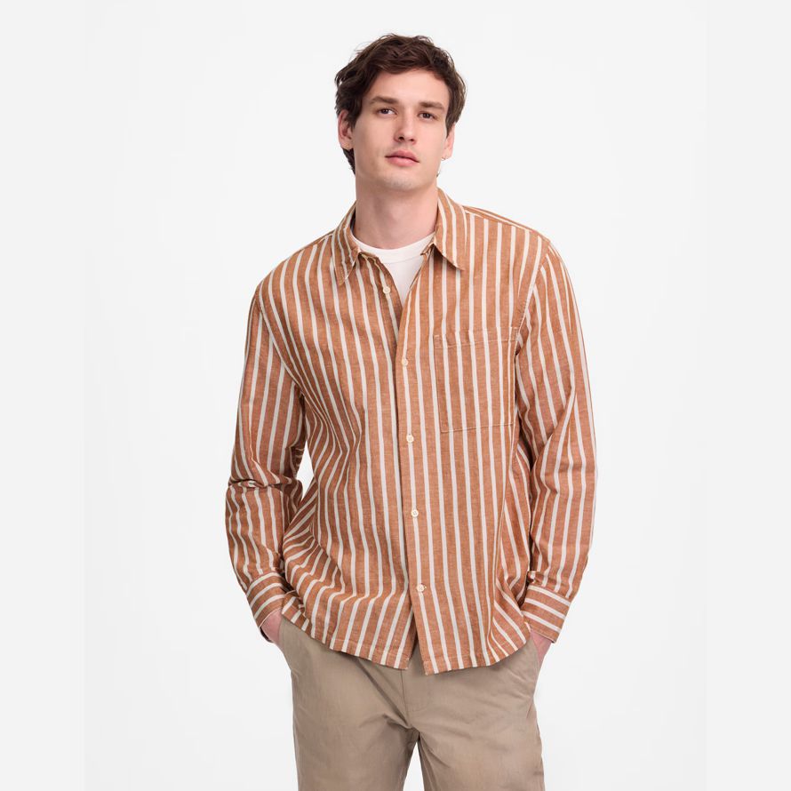 herren madewell button-up baumwoll-leinen-mischung shirts braun beige