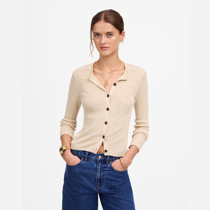 creme madewell linen-blend crewneck womens strickjacke