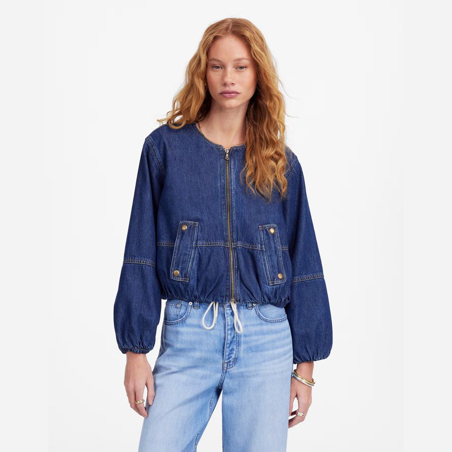dunkel blau damen madewell bubble-sleeve bomber denim jacke