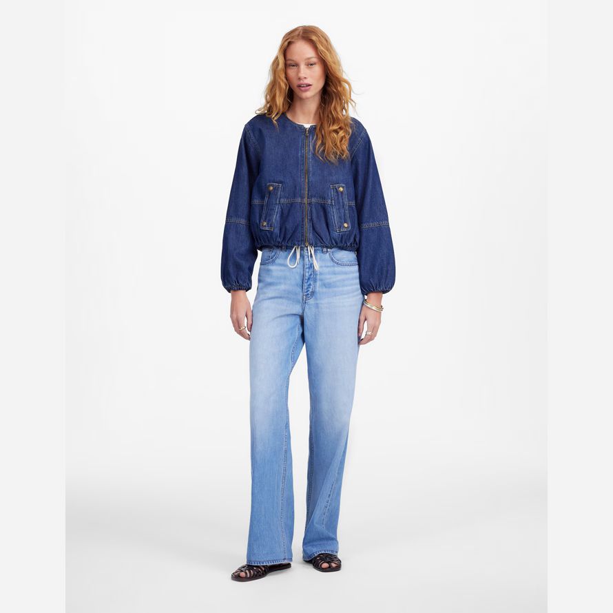 dunkel blau damen madewell bubble-sleeve bomber denim jacke