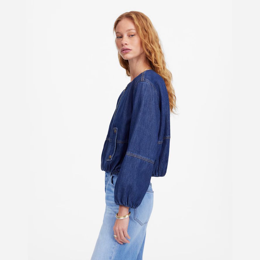 dunkel blau damen madewell bubble-sleeve bomber denim jacke