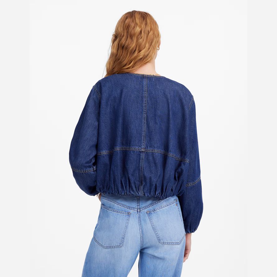 dunkel blau damen madewell bubble-sleeve bomber denim jacke