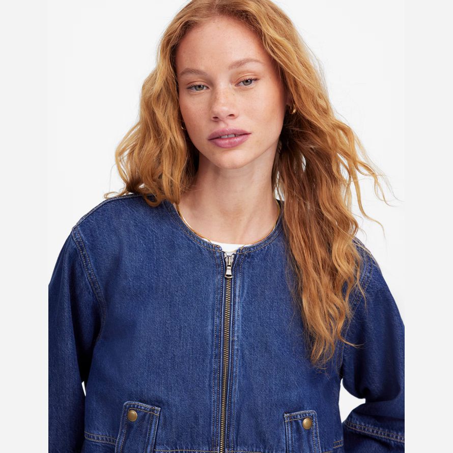 dunkel blau damen madewell bubble-sleeve bomber denim jacke