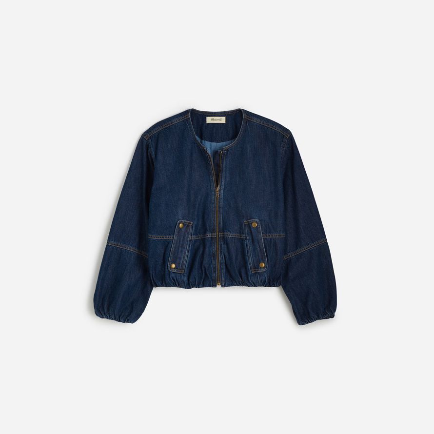 dunkel blau damen madewell bubble-sleeve bomber denim jacke