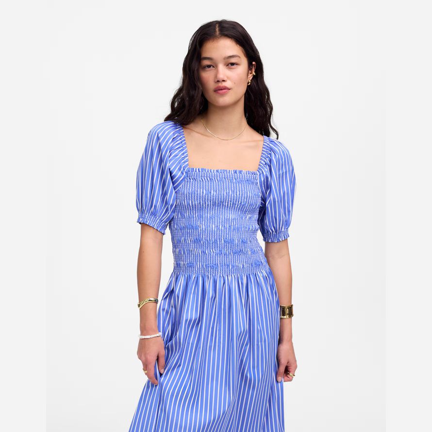 blau weiß madewell gesmokt puff sleeve midi-kleid womens