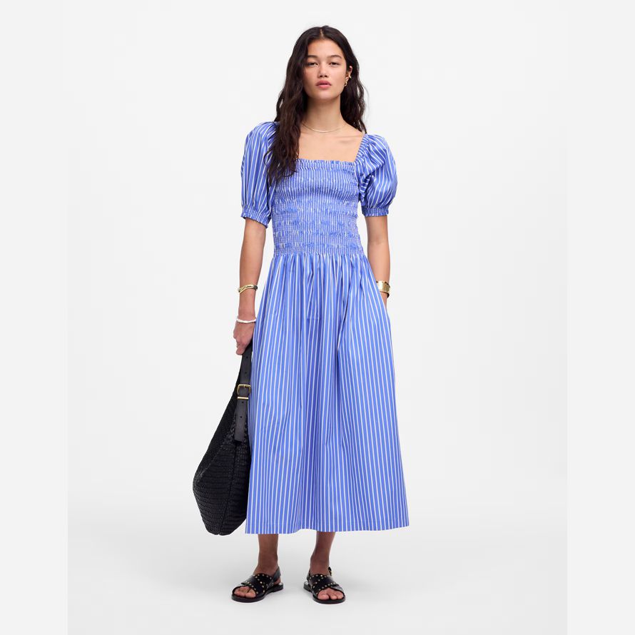 blau weiß madewell gesmokt puff sleeve midi-kleid womens