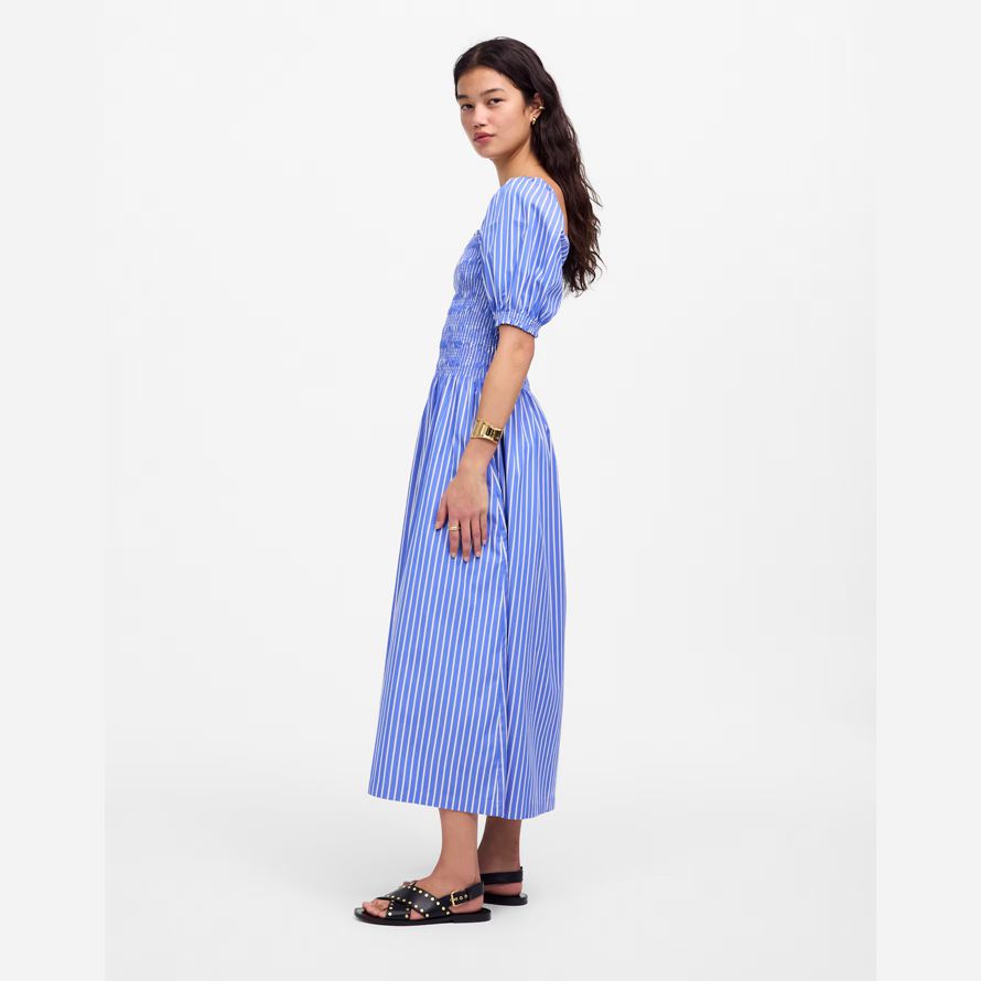 blau weiß madewell gesmokt puff sleeve midi-kleid womens