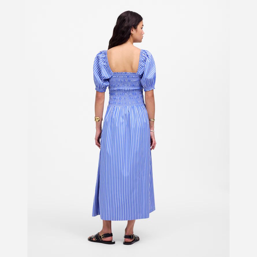 blau weiß madewell gesmokt puff sleeve midi-kleid womens