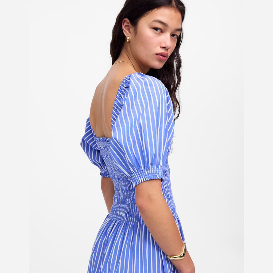 blau weiß madewell gesmokt puff sleeve midi-kleid womens