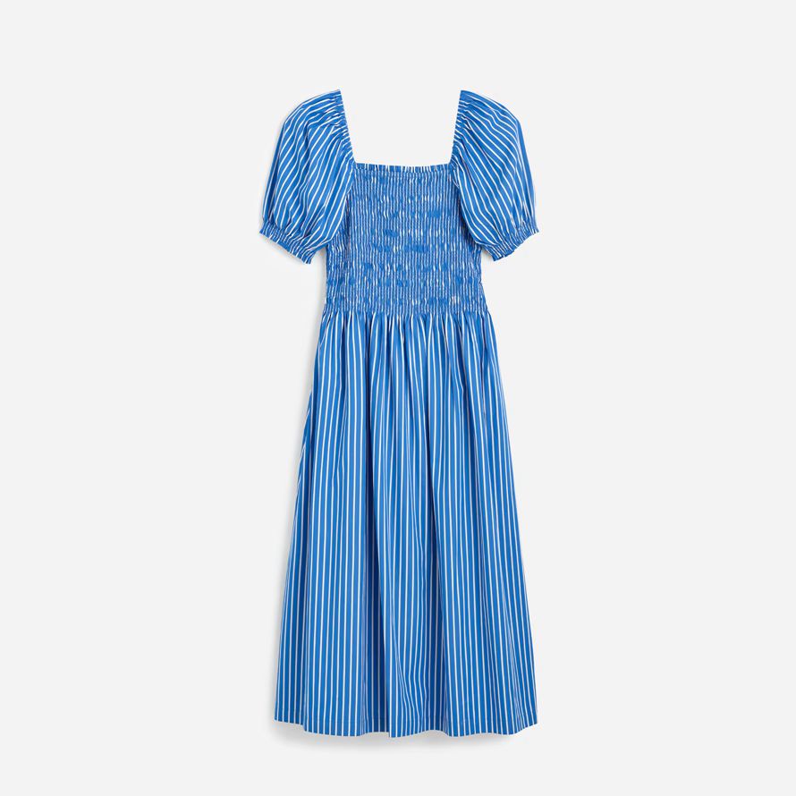 blau weiß madewell gesmokt puff sleeve midi-kleid womens