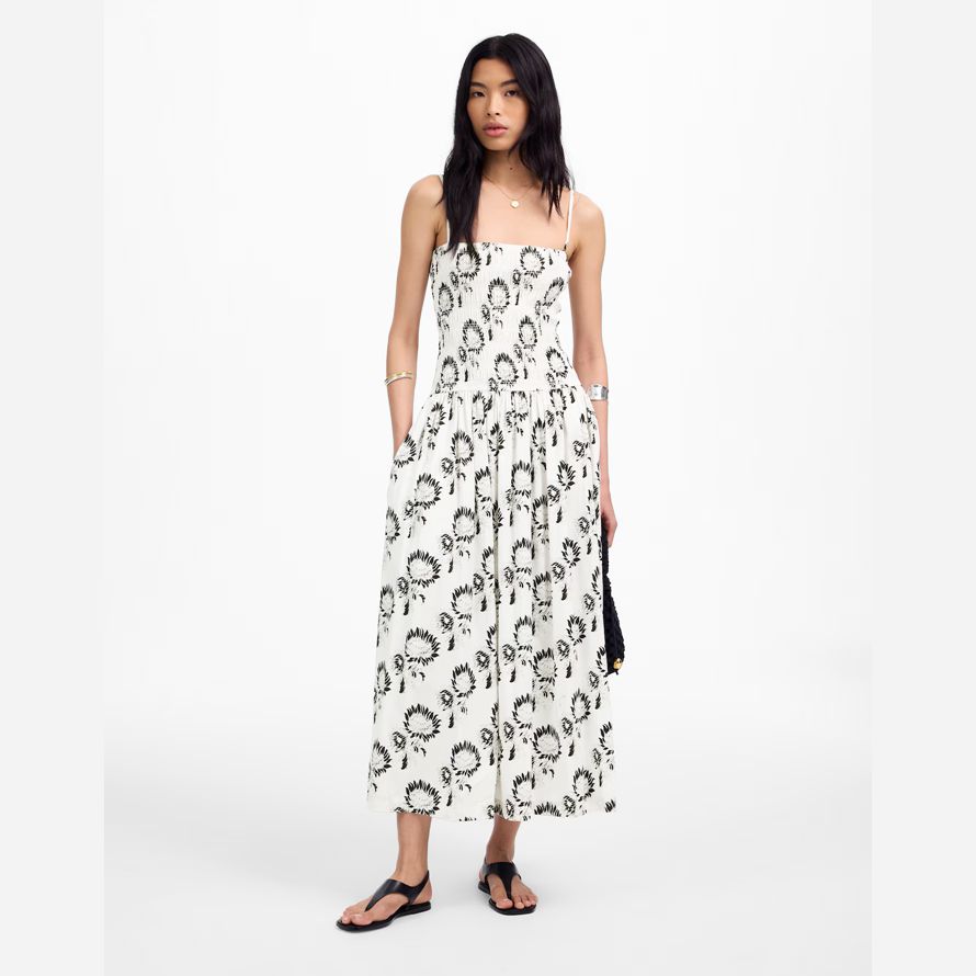 weiß schwarz madewell womens poplin maxi-kleid-gesmokt