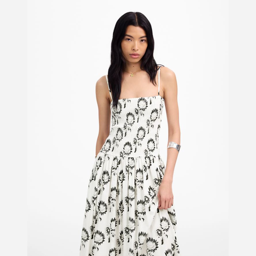 weiß schwarz madewell womens poplin maxi-kleid-gesmokt
