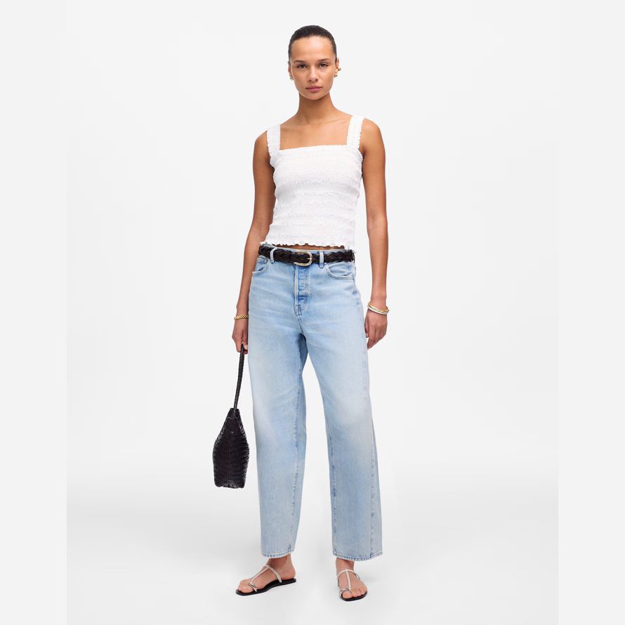 light blue womens madewell pieced barrel-leg jeans