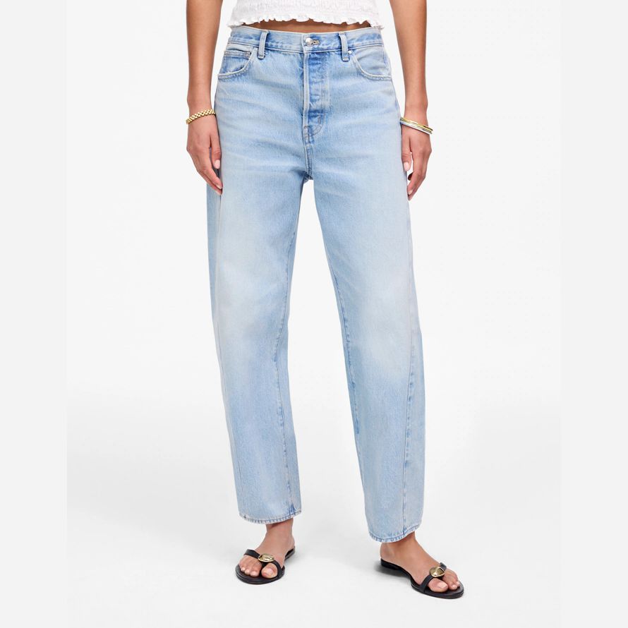 light blue womens madewell pieced barrel-leg jeans