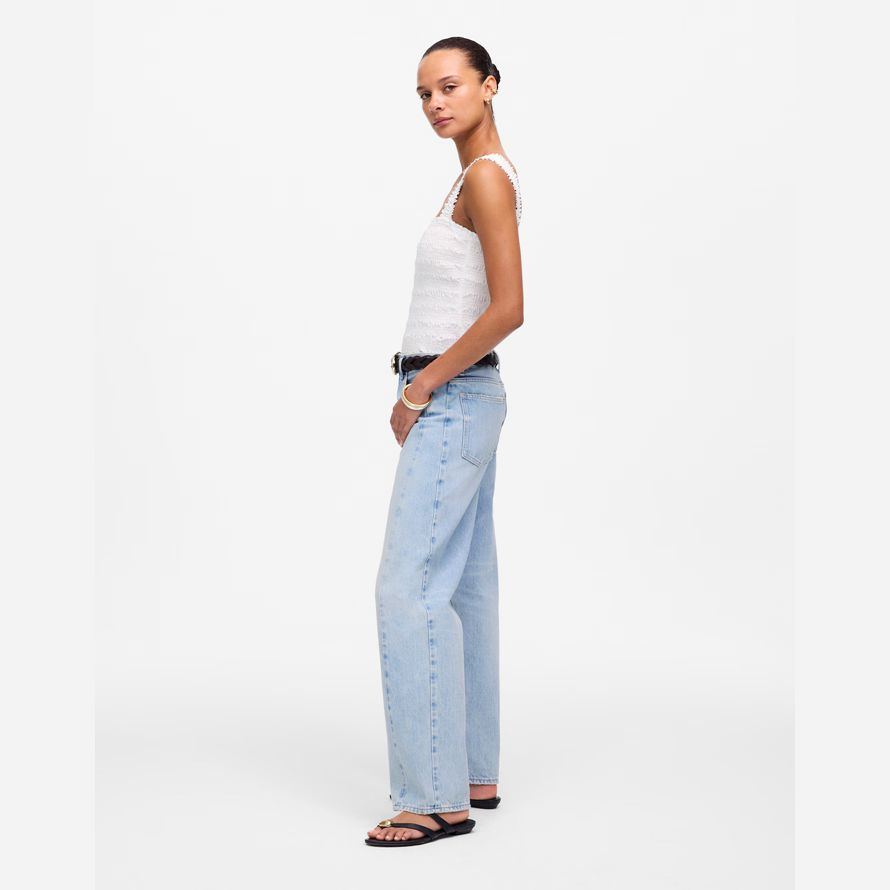 light blue womens madewell pieced barrel-leg jeans