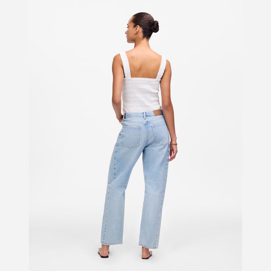 light blue womens madewell pieced barrel-leg jeans