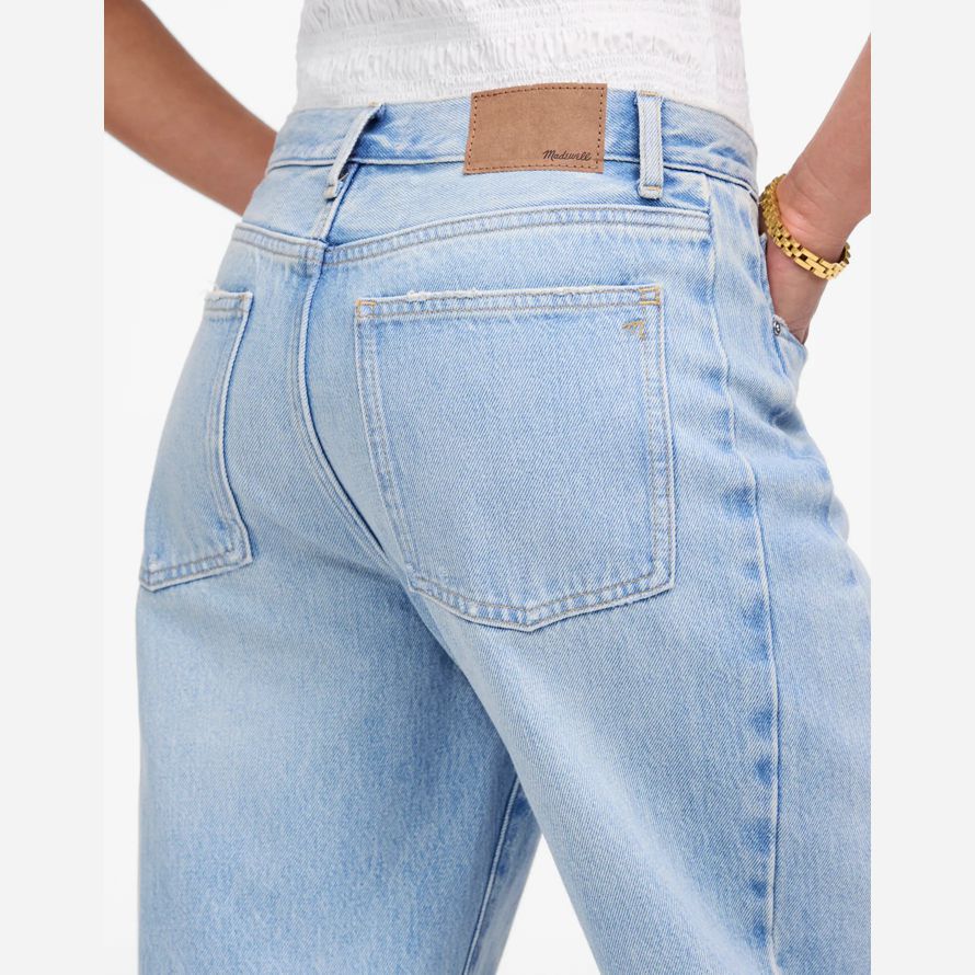 light blue womens madewell pieced barrel-leg jeans