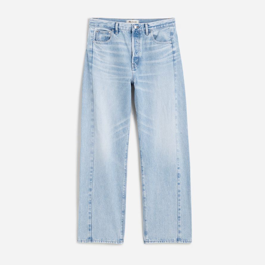 light blue womens madewell pieced barrel-leg jeans