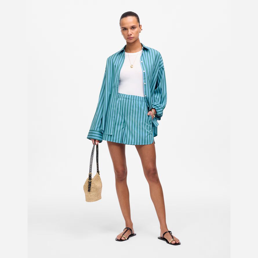 madewell gebogenen saum pull-on damen shorts blau grün