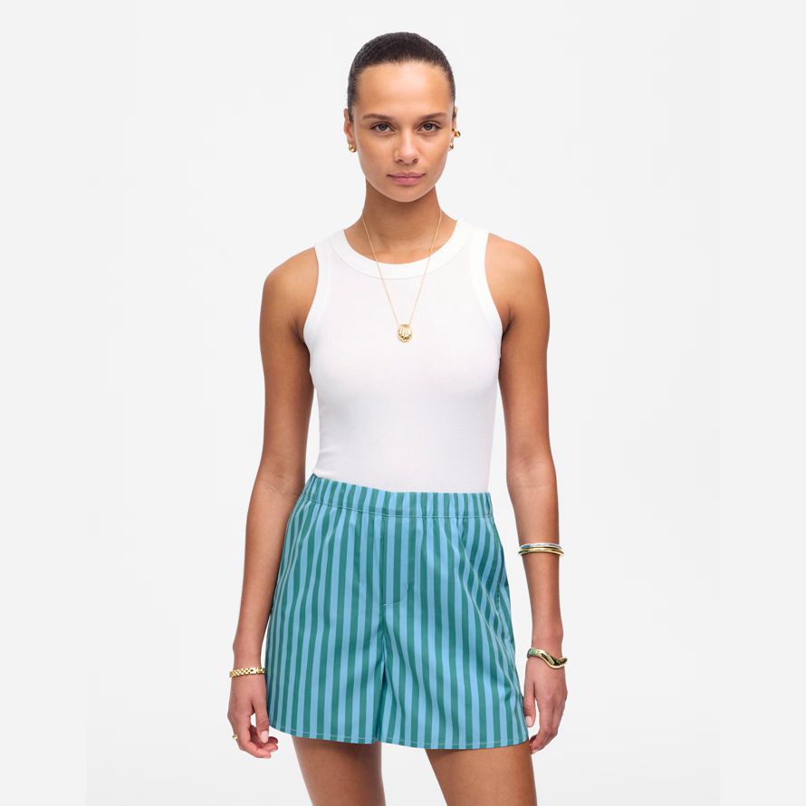 madewell gebogenen saum pull-on damen shorts blau grün