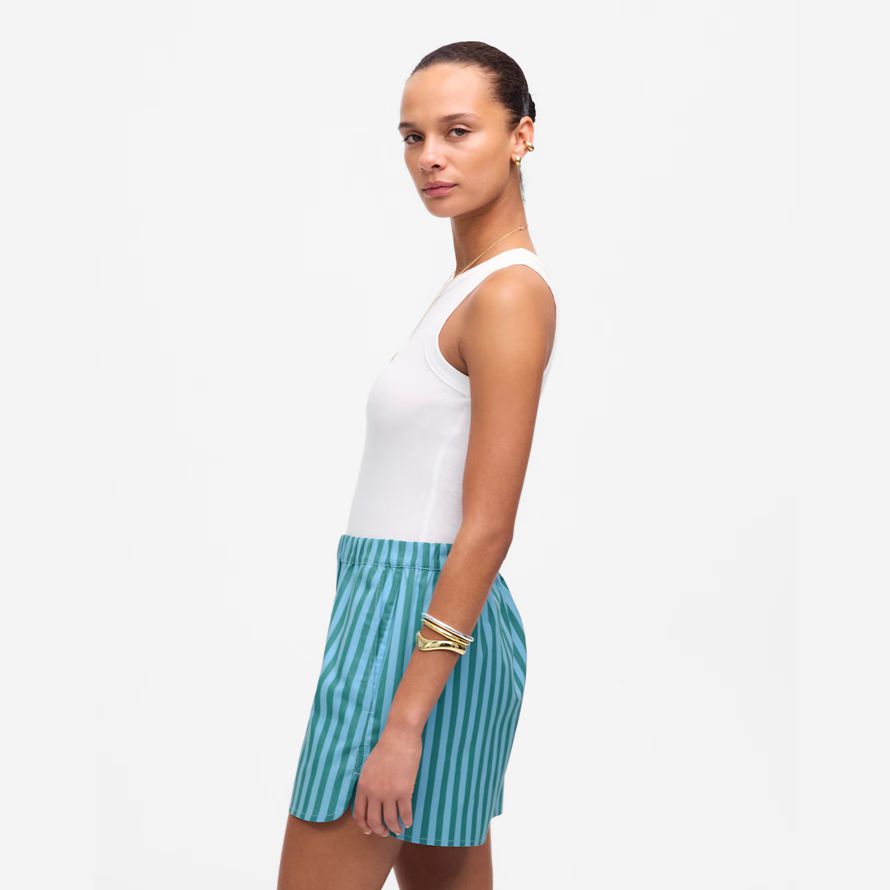 madewell gebogenen saum pull-on damen shorts blau grün