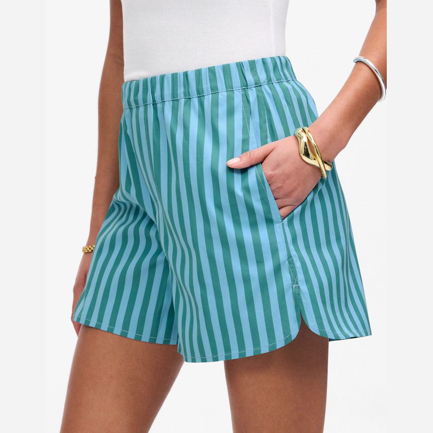 madewell gebogenen saum pull-on damen shorts blau grün