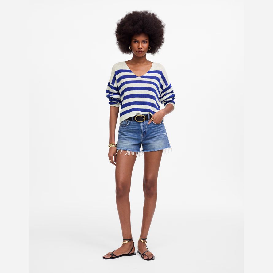 blau weiß madewell linen v-neck womens sweater