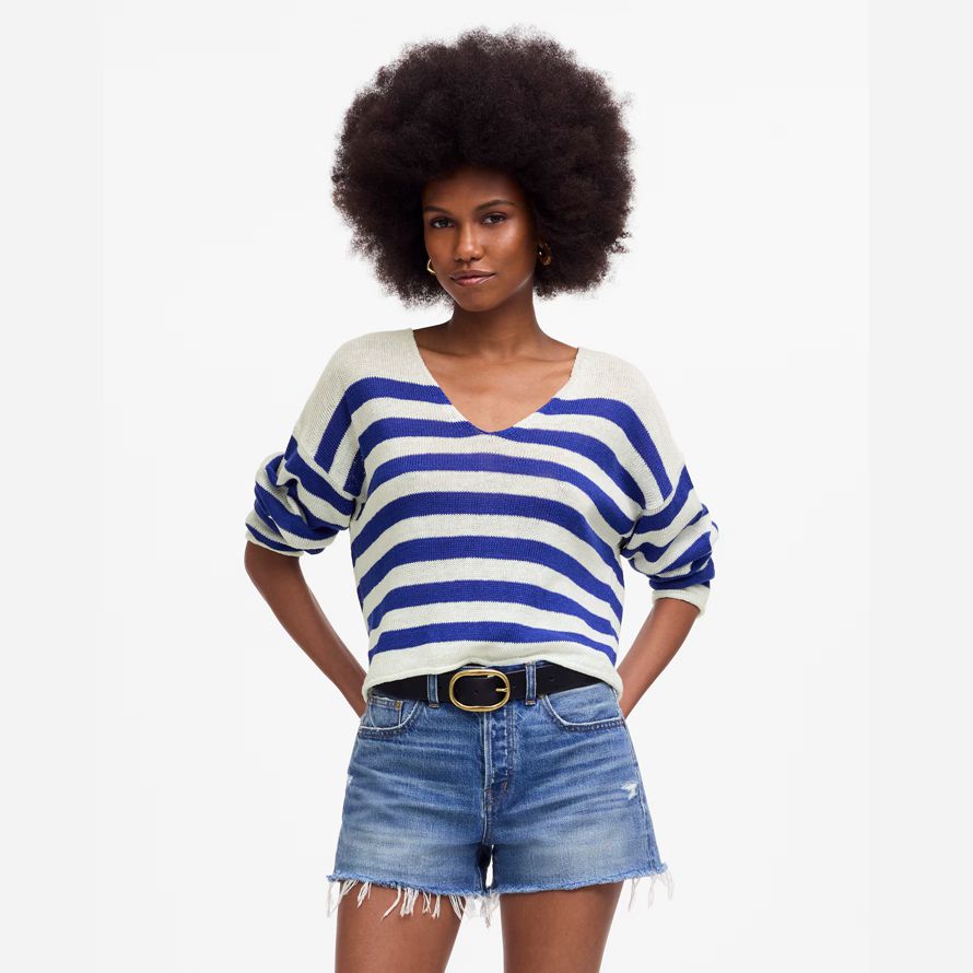blau weiß madewell linen v-neck womens sweater