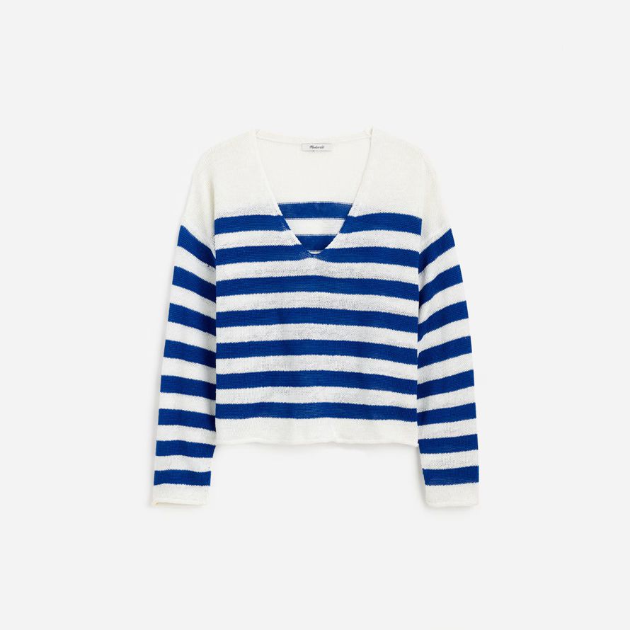 blau weiß madewell linen v-neck womens sweater