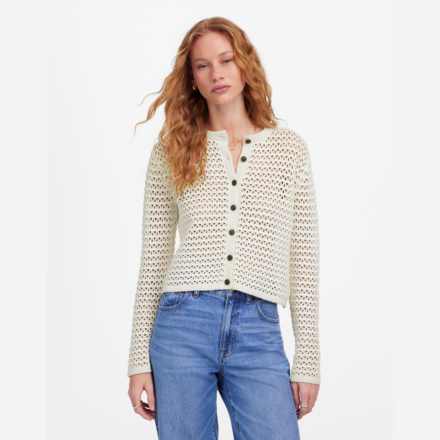 creme madewell womens open-stitch crewneck sweater