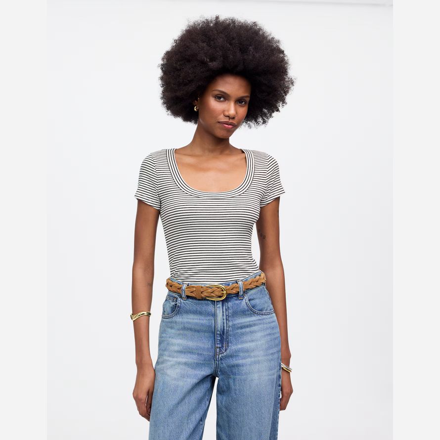 madewell regenerative baumwolle gerippte scoopneck frauen t-shirts schwarz weiß