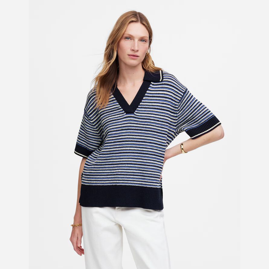 blau weiß madewell striped johnny-kragen pullover womens tank
