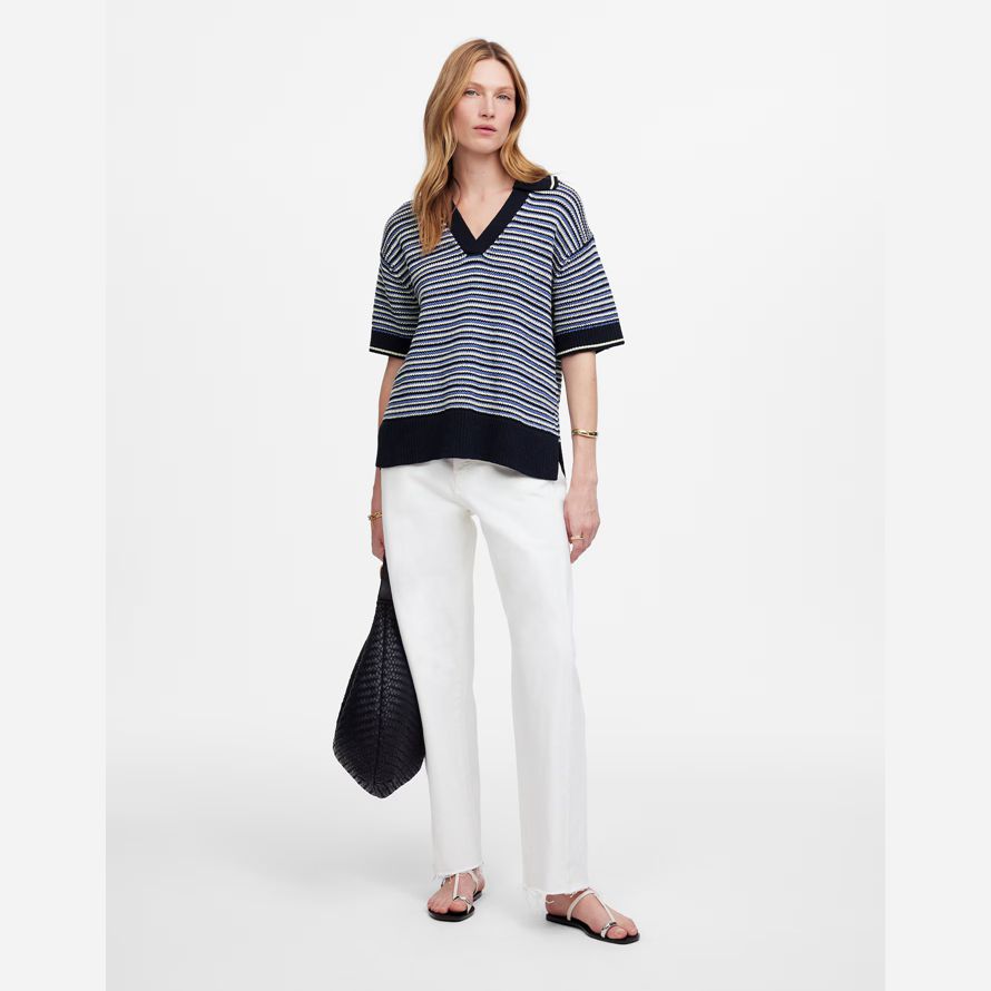 blau weiß madewell striped johnny-kragen pullover womens tank