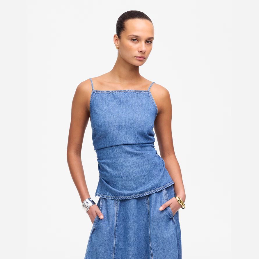 blau madewell geraffte squareneck denim womens tank