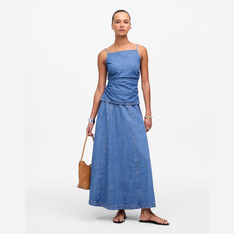 blau madewell geraffte squareneck denim womens tank
