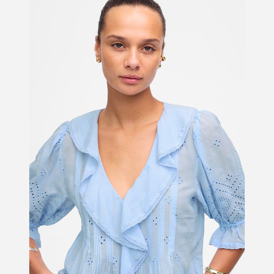 damen madewell ruffled puff-sleeve top-light blue