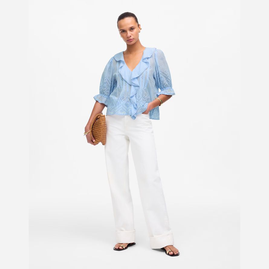damen madewell ruffled puff-sleeve top-light blue