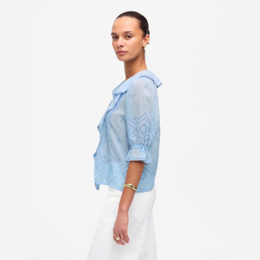 damen madewell ruffled puff-sleeve top-light blue