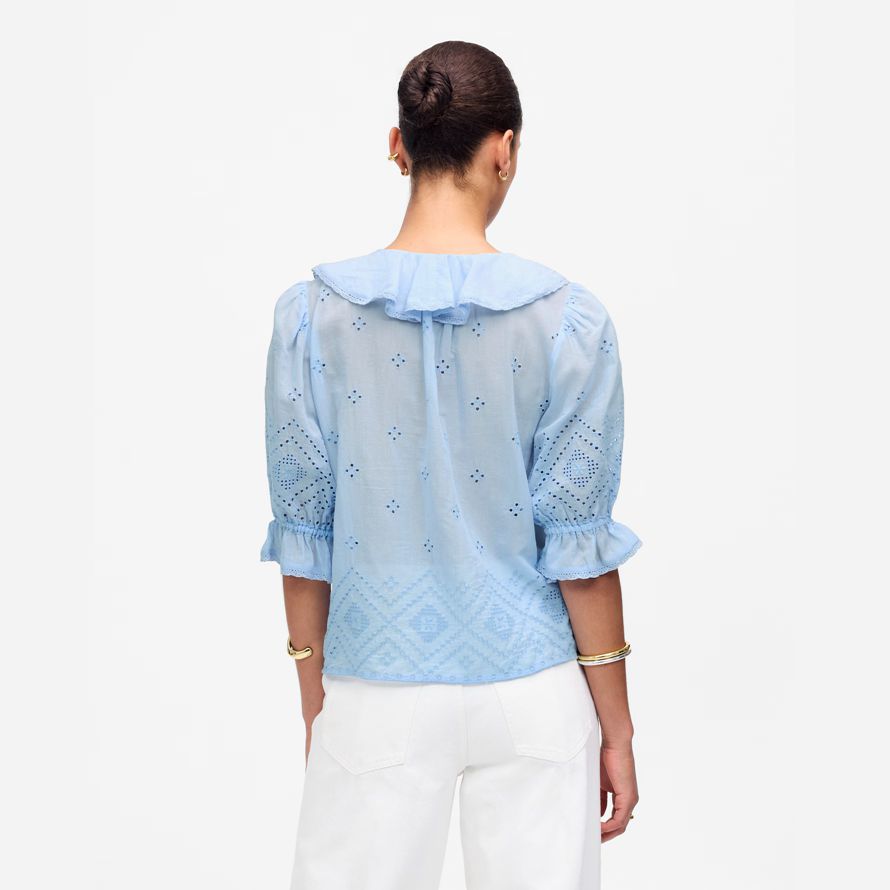 damen madewell ruffled puff-sleeve top-light blue
