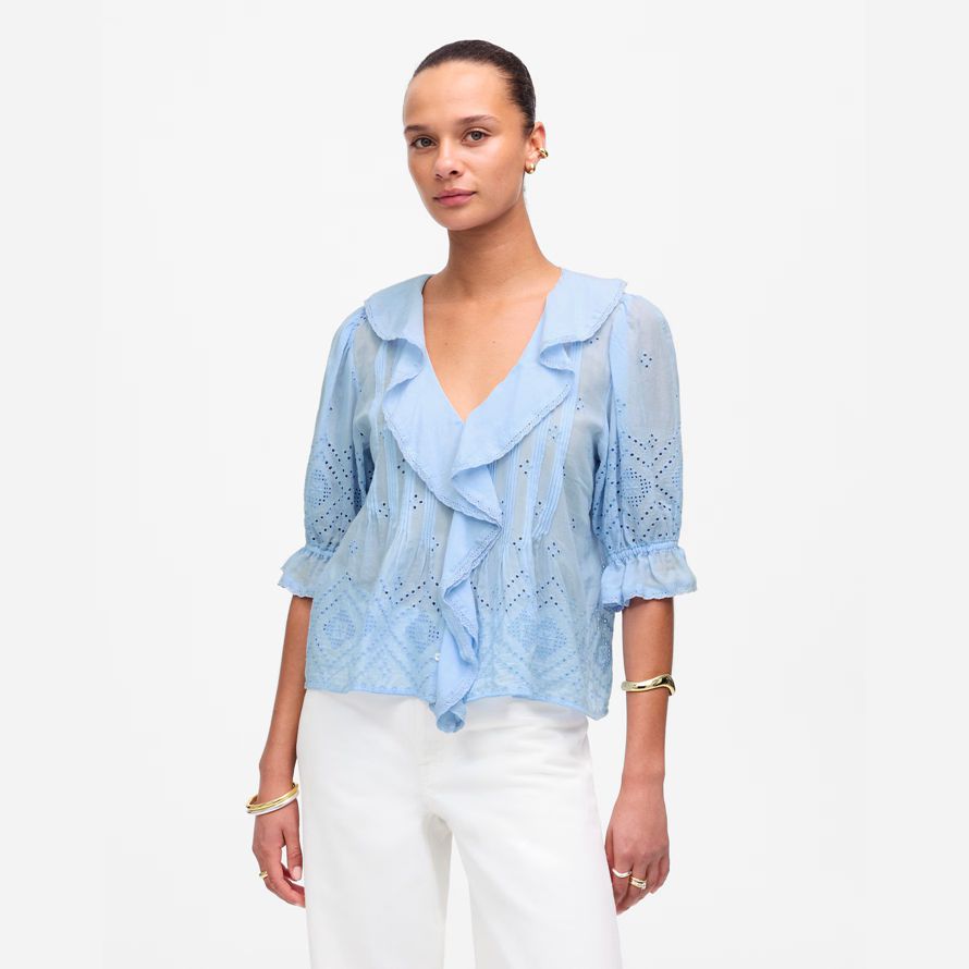 damen madewell ruffled puff-sleeve top-light blue