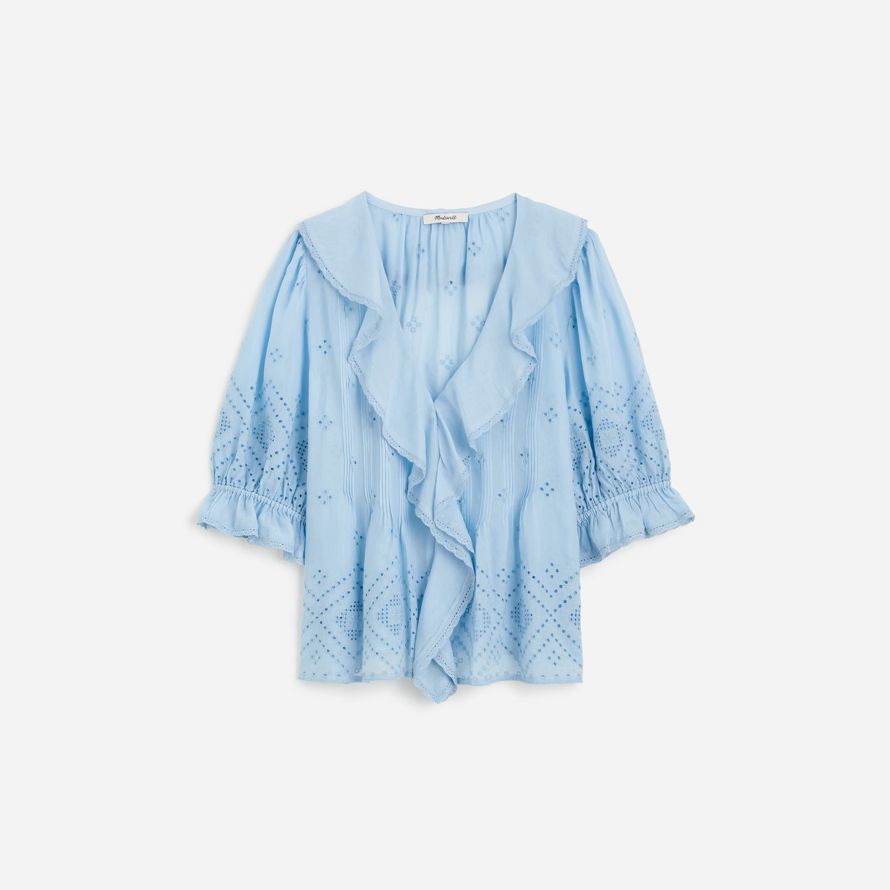 damen madewell ruffled puff-sleeve top-light blue
