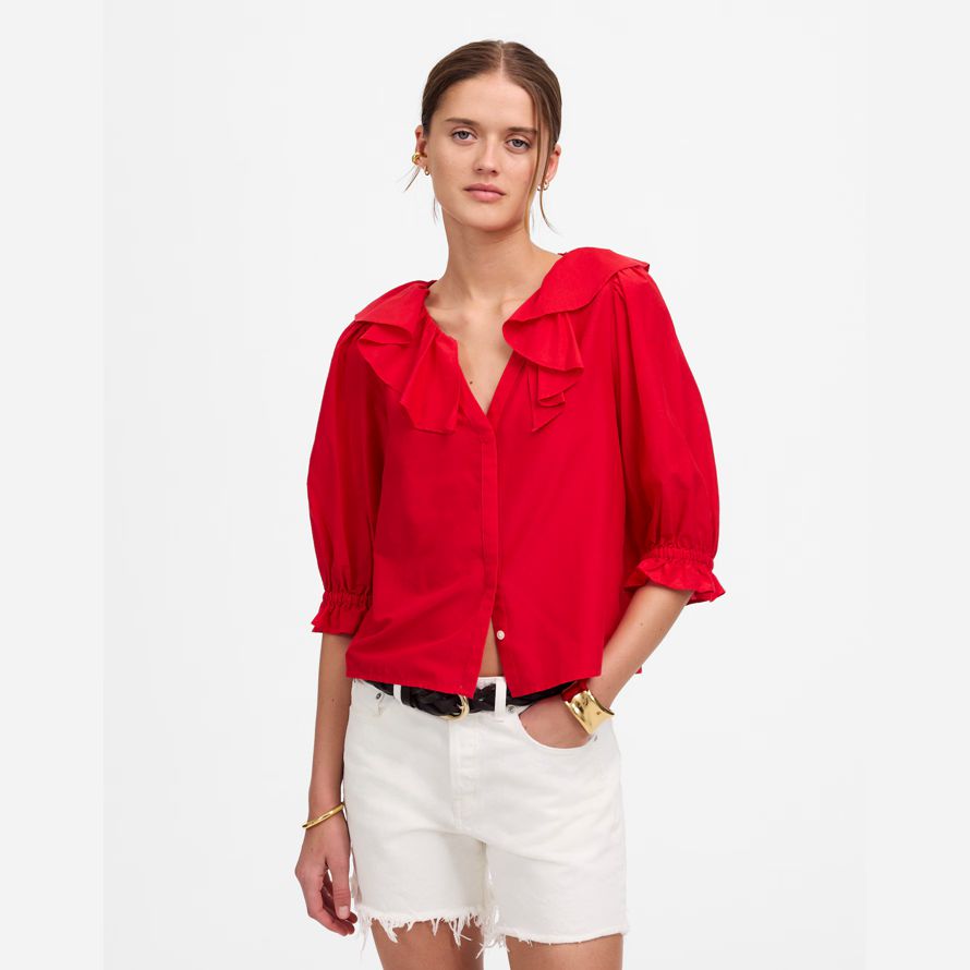 red madewell womens ruffled y-neck top