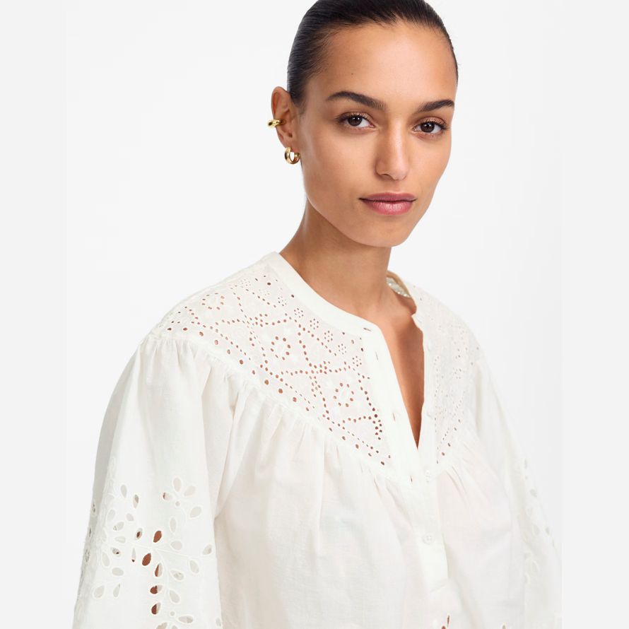 damen madewell bestickt geraffte henley top white