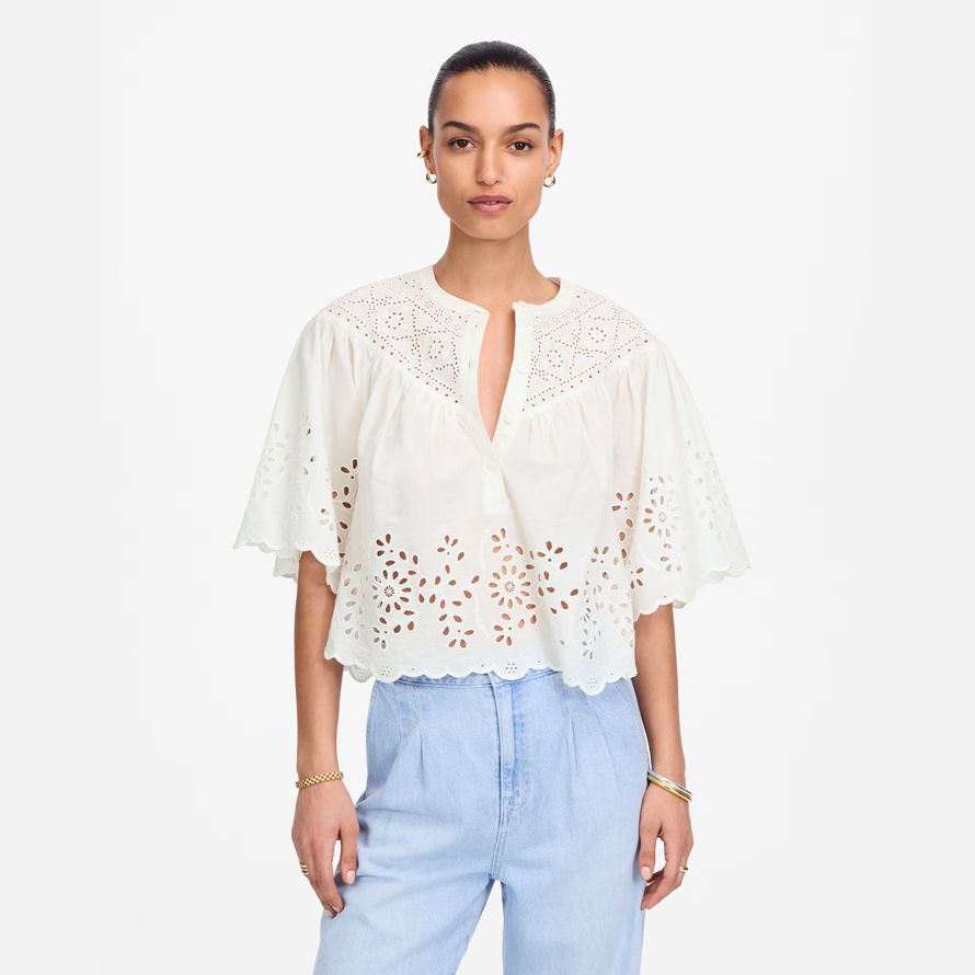 damen madewell bestickt geraffte henley top white