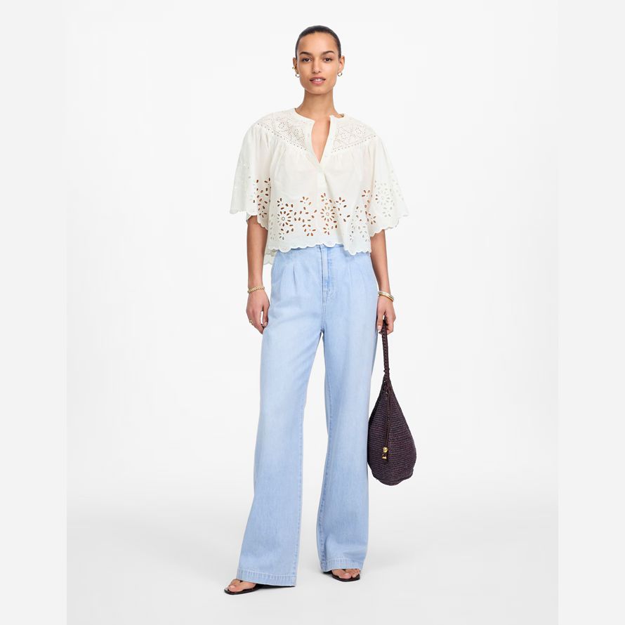 damen madewell bestickt geraffte henley top white