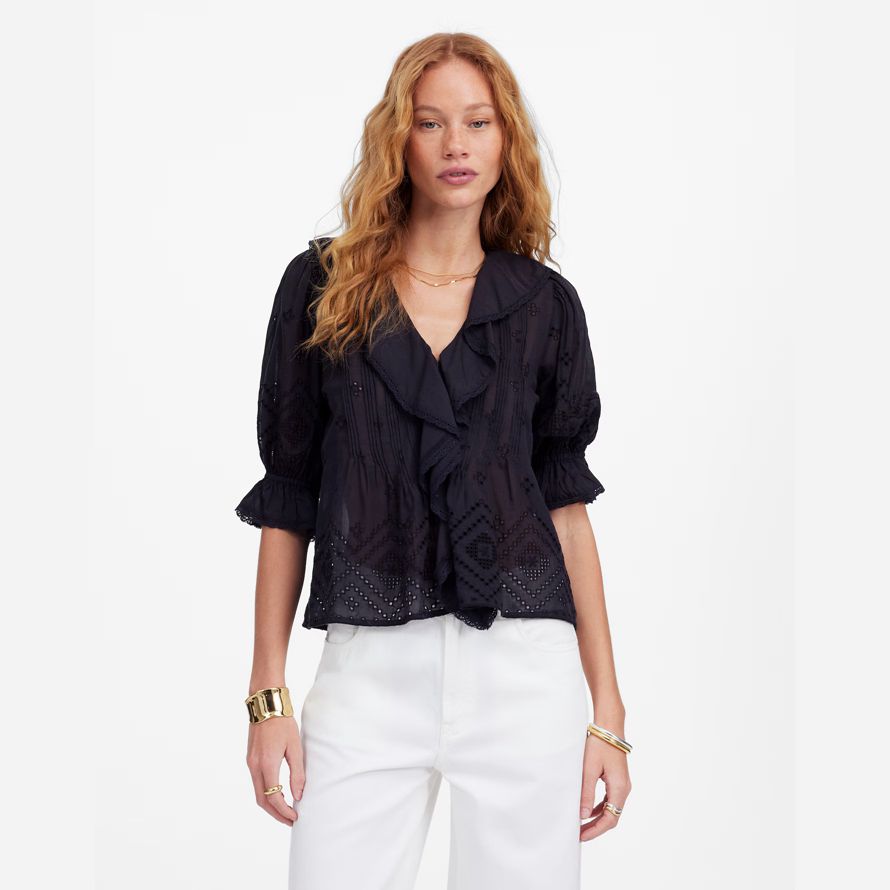 schwarz madewell womens ruffled puff-sleeve top