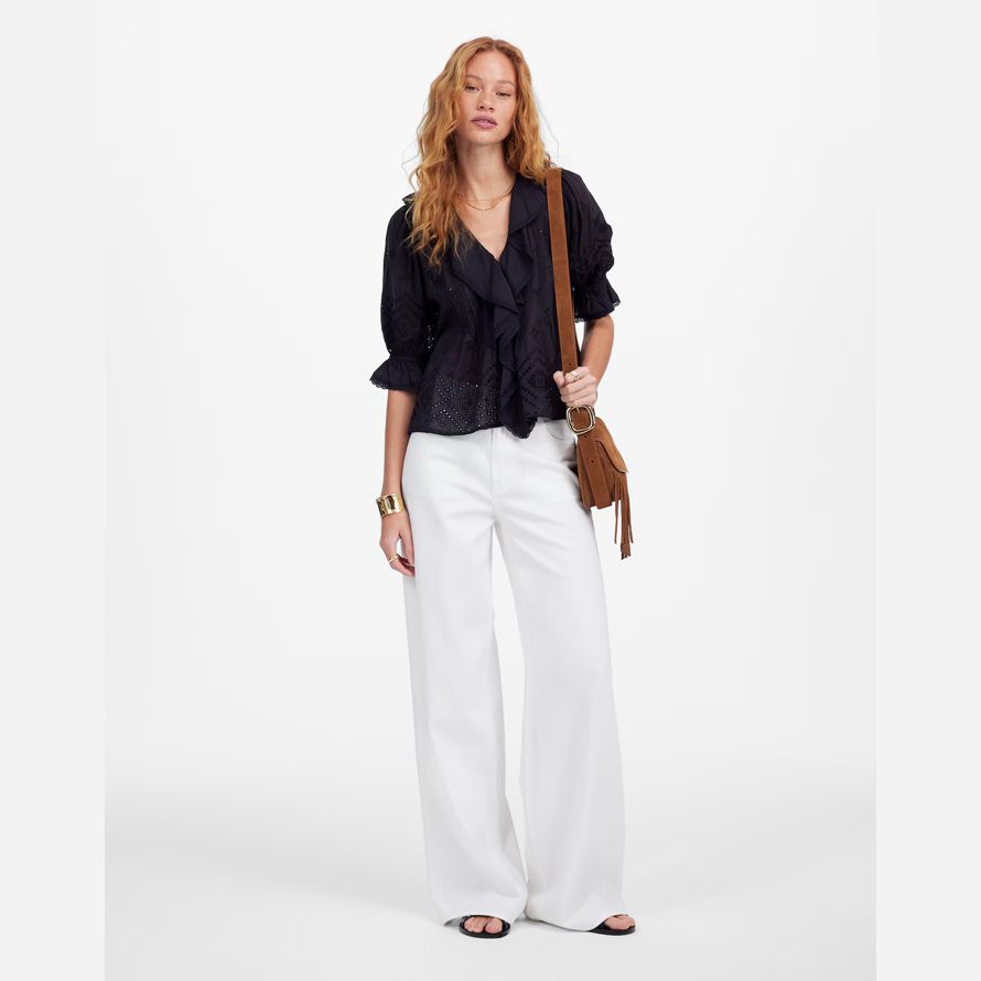 schwarz madewell womens ruffled puff-sleeve top
