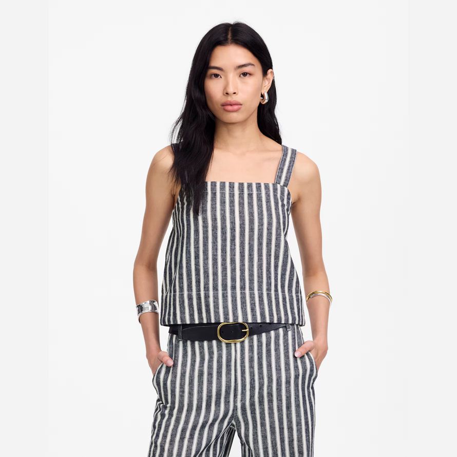 navy white madewell squareneck linen blend stripe womens top